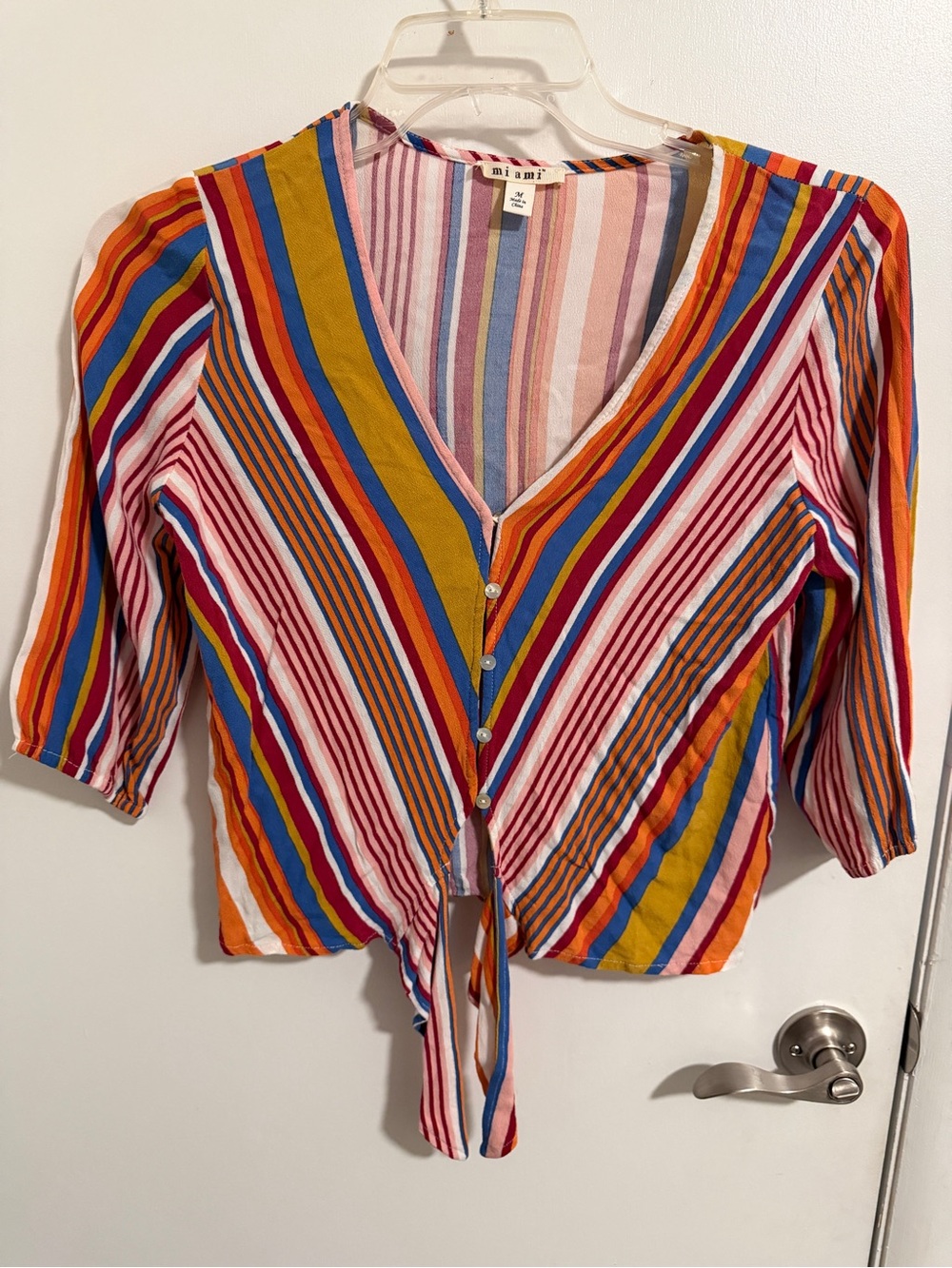 miami Multicolor Striped Tie-Front Button Top - Pink/Blue/Yellow size medium